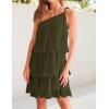 ZESICA Women’s Boho Summer One Shoulder Sleeveless Ruffle Tiered Layered Chiffon Pleated A Line Flowy Mini Dress(Armygreen)
