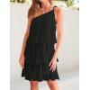 ZESICA Women’s Boho Summer One Shoulder Sleeveless Ruffle Tiered Layered Chiffon Pleated A Line Flowy Mini Dress(Black)