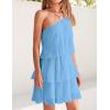 ZESICA Women’s Boho Summer One Shoulder Sleeveless Ruffle Tiered Layered Chiffon Pleated A Line Flowy Mini Dress(Blue)