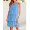 ZESICA Women’s Boho Summer One Shoulder Sleeveless Ruffle Tiered Layered Chiffon Pleated A Line Flowy Mini Dress(Blue)