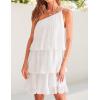 ZESICA Women’s Boho Summer One Shoulder Sleeveless Ruffle Tiered Layered Chiffon Pleated A Line Flowy Mini Dress(Ivory)