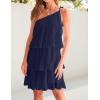 ZESICA Women’s Boho Summer One Shoulder Sleeveless Ruffle Tiered Layered Chiffon Pleated A Line Flowy Mini Dress(Navy)