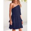 ZESICA Women’s Boho Summer One Shoulder Sleeveless Ruffle Tiered Layered Chiffon Pleated A Line Flowy Mini Dress(Navy)
