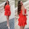 ZESICA Women’s Boho Summer One Shoulder Sleeveless Ruffle Tiered Layered Chiffon Pleated A Line Flowy Mini Dress(Orange)