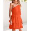 ZESICA Women’s Boho Summer One Shoulder Sleeveless Ruffle Tiered Layered Chiffon Pleated A Line Flowy Mini Dress(Orange)