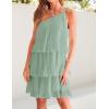 ZESICA Women’s Boho Summer One Shoulder Sleeveless Ruffle Tiered Layered Chiffon Pleated A Line Flowy Mini Dress(Sage)