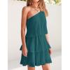 ZESICA Women’s Boho Summer One Shoulder Sleeveless Ruffle Tiered Layered Chiffon Pleated A Line Flowy Mini Dress(Teal)
