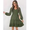 ZESICA Women’s Casual V Neck Long Sleeve Smocked High Waist Ruffle A Line Tiered Mini Dress(Armygreen)