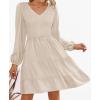 ZESICA Women’s Casual V Neck Long Sleeve Smocked High Waist Ruffle A Line Tiered Mini Dress(Beige)
