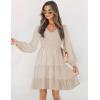 ZESICA Women’s Casual V Neck Long Sleeve Smocked High Waist Ruffle A Line Tiered Mini Dress(Beige)