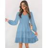ZESICA Women’s Casual V Neck Long Sleeve Smocked High Waist Ruffle A Line Tiered Mini Dress(Blue)