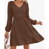 ZESICA Women’s Casual V Neck Long Sleeve Smocked High Waist Ruffle A Line Tiered Mini Dress(Coffee)