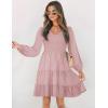 ZESICA Women’s Casual V Neck Long Sleeve Smocked High Waist Ruffle A Line Tiered Mini Dress(Darkpink)