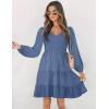 ZESICA Women’s Casual V Neck Long Sleeve Smocked High Waist Ruffle A Line Tiered Mini Dress(Dustyblue)