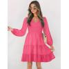 ZESICA Women’s Casual V Neck Long Sleeve Smocked High Waist Ruffle A Line Tiered Mini Dress(Hotpink)