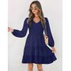 ZESICA Women’s Casual V Neck Long Sleeve Smocked High Waist Ruffle A Line Tiered Mini Dress(Navy)