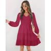 ZESICA Women’s Casual V Neck Long Sleeve Smocked High Waist Ruffle A Line Tiered Mini Dress(Plum)