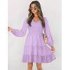 ZESICA Women’s Casual V Neck Long Sleeve Smocked High Waist Ruffle A Line Tiered Mini Dress(Purple)