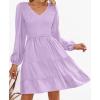 ZESICA Women’s Casual V Neck Long Sleeve Smocked High Waist Ruffle A Line Tiered Mini Dress(Purple)