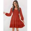 ZESICA Women’s Casual V Neck Long Sleeve Smocked High Waist Ruffle A Line Tiered Mini Dress(Red)