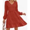 ZESICA Women’s Casual V Neck Long Sleeve Smocked High Waist Ruffle A Line Tiered Mini Dress(Red)