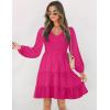 ZESICA Women’s Casual V Neck Long Sleeve Smocked High Waist Ruffle A Line Tiered Mini Dress(Rose)