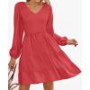 ZESICA Women’s Casual V Neck Long Sleeve Smocked High Waist Ruffle A Line Tiered Mini Dress(Watermelon)