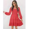 ZESICA Women’s Casual V Neck Long Sleeve Smocked High Waist Ruffle A Line Tiered Mini Dress(Watermelon)