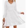 ZESICA Women’s Casual V Neck Long Sleeve Smocked High Waist Ruffle A Line Tiered Mini Dress(White)