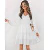 ZESICA Women’s Casual V Neck Long Sleeve Smocked High Waist Ruffle A Line Tiered Mini Dress(White)