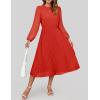 ZESICA Women’s Fall Long Sleeve Dresses 2026 Casual Crewneck Chiffon Swing Pleated A Line Cocktail Party Midi Dress(Red)