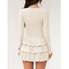 ZESICA Womens Long Sleeve Bodycon Mini Dress Ribbed Knit Crew Neck Ruffle Tiered Flowy Cocktail Party Dresses(Apricot)