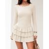 ZESICA Womens Long Sleeve Bodycon Mini Dress Ribbed Knit Crew Neck Ruffle Tiered Flowy Cocktail Party Dresses(Apricot)