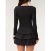 ZESICA Womens Long Sleeve Bodycon Mini Dress Ribbed Knit Crew Neck Ruffle Tiered Flowy Cocktail Party Dresses(Black)