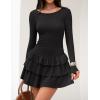 ZESICA Womens Long Sleeve Bodycon Mini Dress Ribbed Knit Crew Neck Ruffle Tiered Flowy Cocktail Party Dresses(Black)
