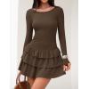 ZESICA Womens Long Sleeve Bodycon Mini Dress Ribbed Knit Crew Neck Ruffle Tiered Flowy Cocktail Party Dresses(Coffee)