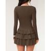 ZESICA Womens Long Sleeve Bodycon Mini Dress Ribbed Knit Crew Neck Ruffle Tiered Flowy Cocktail Party Dresses(Coffee)