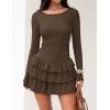 ZESICA Womens Long Sleeve Bodycon Mini Dress Ribbed Knit Crew Neck Ruffle Tiered Flowy Cocktail Party Dresses(Coffee)