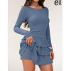 ZESICA Womens Long Sleeve Bodycon Mini Dress Ribbed Knit Crew Neck Ruffle Tiered Flowy Cocktail Party Dresses(Dustyblue)