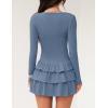 ZESICA Womens Long Sleeve Bodycon Mini Dress Ribbed Knit Crew Neck Ruffle Tiered Flowy Cocktail Party Dresses(Dustyblue)