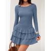 ZESICA Womens Long Sleeve Bodycon Mini Dress Ribbed Knit Crew Neck Ruffle Tiered Flowy Cocktail Party Dresses(Dustyblue)