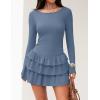 ZESICA Womens Long Sleeve Bodycon Mini Dress Ribbed Knit Crew Neck Ruffle Tiered Flowy Cocktail Party Dresses(Dustyblue)