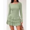 ZESICA Womens Long Sleeve Bodycon Mini Dress Ribbed Knit Crew Neck Ruffle Tiered Flowy Cocktail Party Dresses(Green)