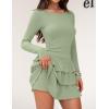 ZESICA Womens Long Sleeve Bodycon Mini Dress Ribbed Knit Crew Neck Ruffle Tiered Flowy Cocktail Party Dresses(Green)