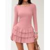 ZESICA Womens Long Sleeve Bodycon Mini Dress Ribbed Knit Crew Neck Ruffle Tiered Flowy Cocktail Party Dresses(Lightpink)