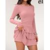 ZESICA Womens Long Sleeve Bodycon Mini Dress Ribbed Knit Crew Neck Ruffle Tiered Flowy Cocktail Party Dresses(Lightpink)