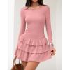 ZESICA Womens Long Sleeve Bodycon Mini Dress Ribbed Knit Crew Neck Ruffle Tiered Flowy Cocktail Party Dresses(Lightpink)