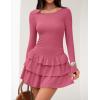 ZESICA Womens Long Sleeve Bodycon Mini Dress Ribbed Knit Crew Neck Ruffle Tiered Flowy Cocktail Party Dresses(Pink)
