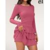 ZESICA Womens Long Sleeve Bodycon Mini Dress Ribbed Knit Crew Neck Ruffle Tiered Flowy Cocktail Party Dresses(Pink)