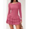 ZESICA Womens Long Sleeve Bodycon Mini Dress Ribbed Knit Crew Neck Ruffle Tiered Flowy Cocktail Party Dresses(Pink)